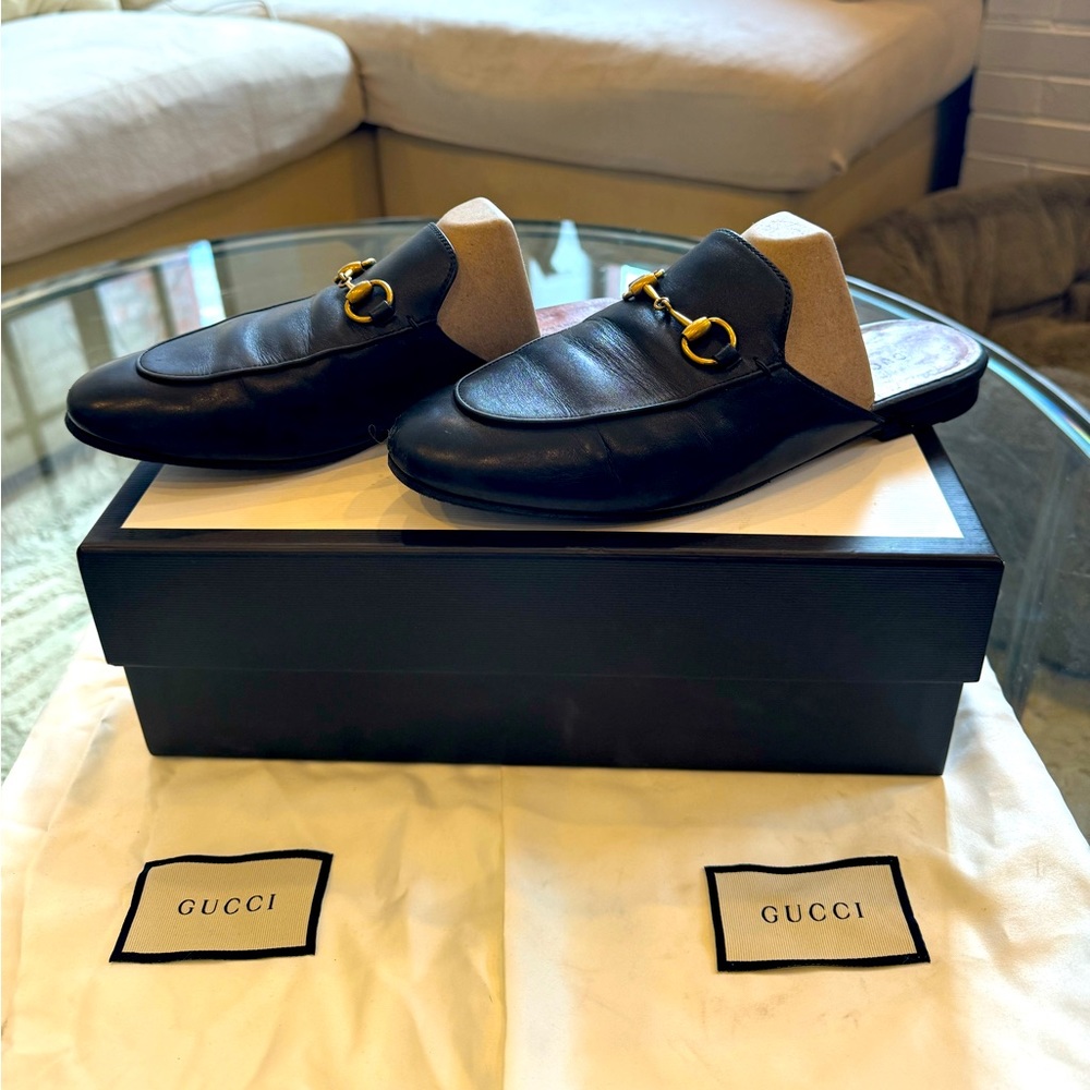 GUCCI Princetown horsebit mule loafers flats black leather slip-ons 37.5